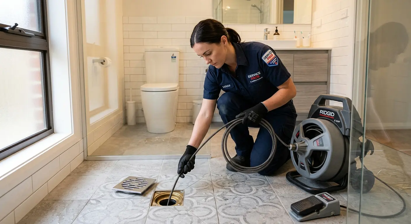 Technician clearing a bathroom floor drain for Sewer Line Replacement in Tooele